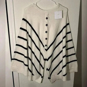 J Jill Nautical Sweater Shall Cape White Navy Striped Button Down Poncho Size OS